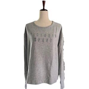 Victoria's Secret Sport Ruffled Fleece Sweatshirt Gray Silver Logo Long Lrg EUC